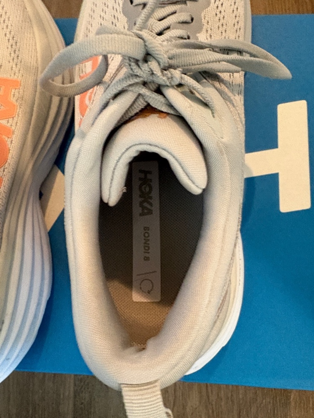 Hoka Light Gray Running Shoes with Coral Logo - Picture 6 of 10